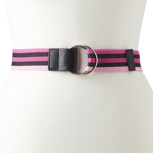 Double Ring Striped Pink and Black Webbed Belt - Picture 1 of 9